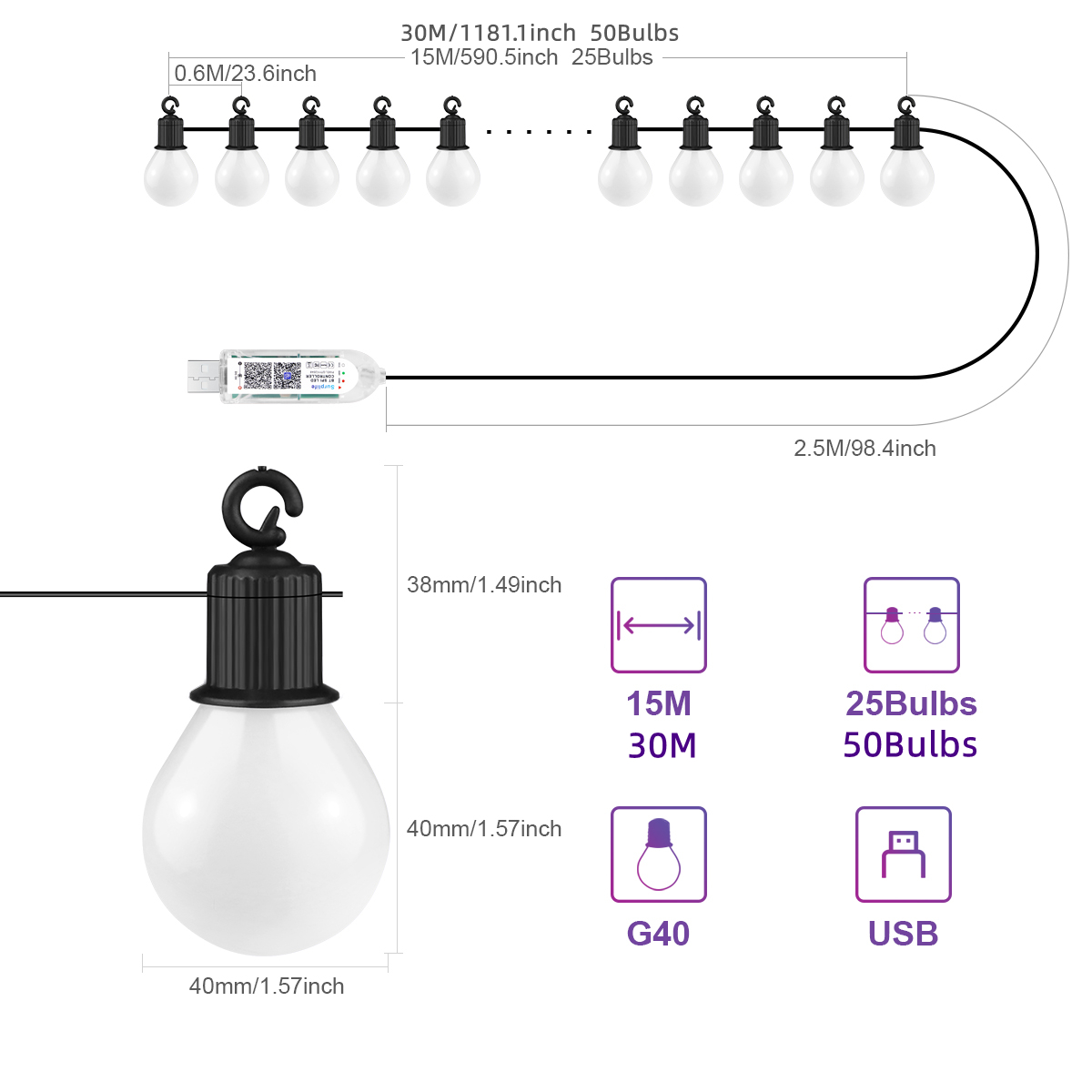 Smart WIFI G40 LED Bulb String - Smart Garden Festoon Lights review and price